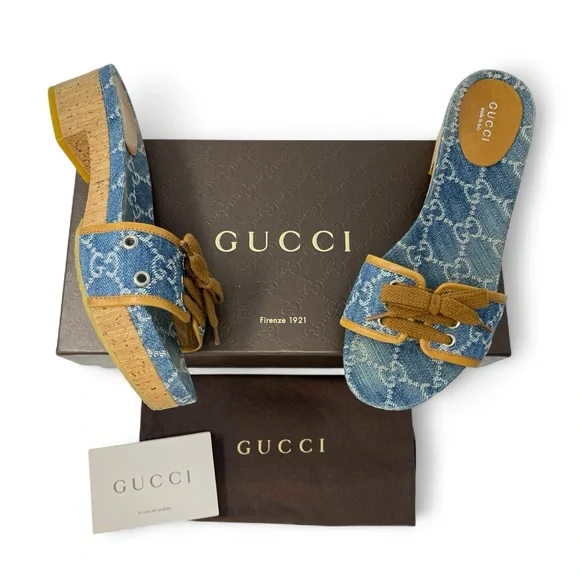 Gucci Vintage 90s Y2K Interlocking GG Logo Sandals Slides Heels Denim Blue 38 8 - Picture 11 of 11